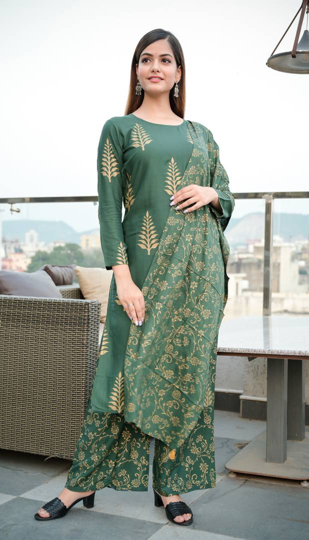 Stylish Rayon Green Printed Kurta With Palazzo And Dupatta Set